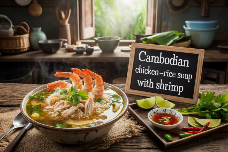 Cambodian Chicken-and-Rice Soup with Shrimp Recipe