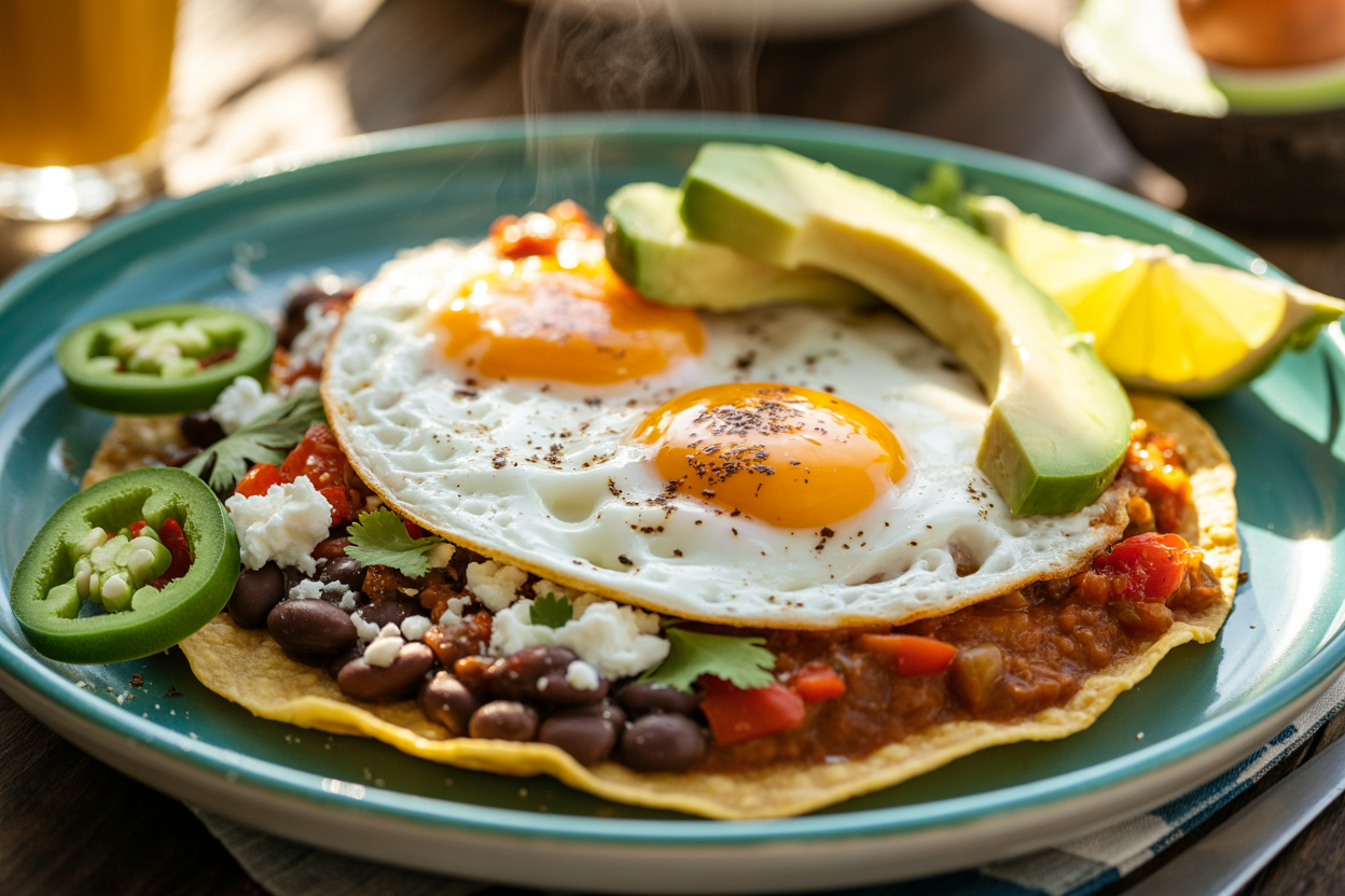 Authentic Mexican ranch-style breakfast made with crispy lightly fried corn tortillas topped with sunny-side-up eggs, smoky ranchero tomato-chili sauce, black beans, queso fresco, and fresh avocado slices. Realistic textures of runny golden egg yolks, charred tortilla edges, glossy roasted tomato salsa, creamy refried beans, crumbled white cheese, and fresh cilantro visible throughout the plate. Steam rising naturally from the freshly prepared huevos rancheros under warm morning sunlight, creating an authentic Mexican countryside desayuno atmosphere. Garnished with sliced jalapeños, lime wedges, cilantro, avocado, and Mexican crema in traditional style.