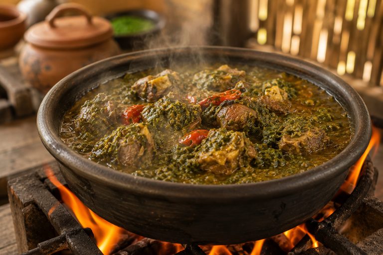 Angolan Kizaca Cassava Leaves Stew Recipe Cooking On Open Flame