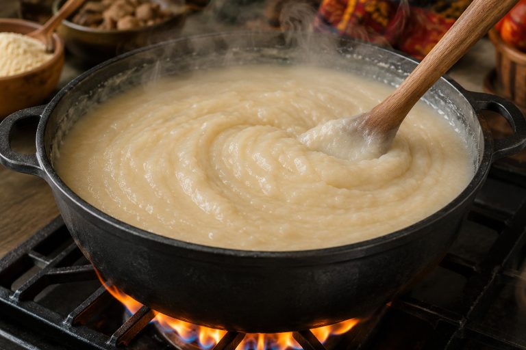 Angolan Funge Cassava Porridge Recipe On the Fire