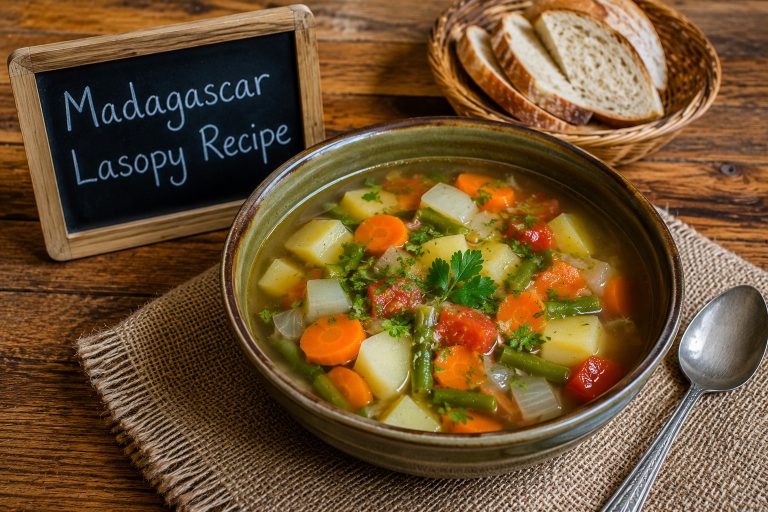 Hearty Madagascar Lasopy vegetable soup with fresh ingredients.