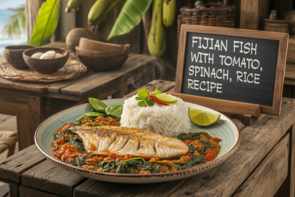 Fijian Fish with Tomato, Spinach, Rice Recipe