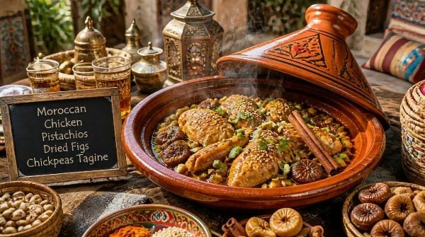 Moroccan Chicken Pistachios Dried Figs Chickpeas Tagine Recipe